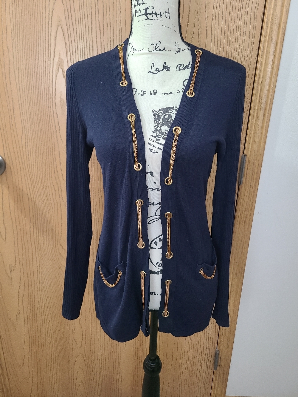 Cache Nautical Preppy Chain Grommet Navy Gold Open Front Pocket Cardigan Sweater